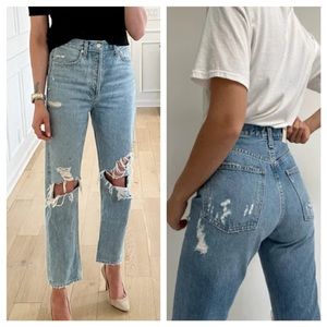 Agolde Light Wash 90s Mid Rise Loose Fit Distressed Straight Jeans 27 31in